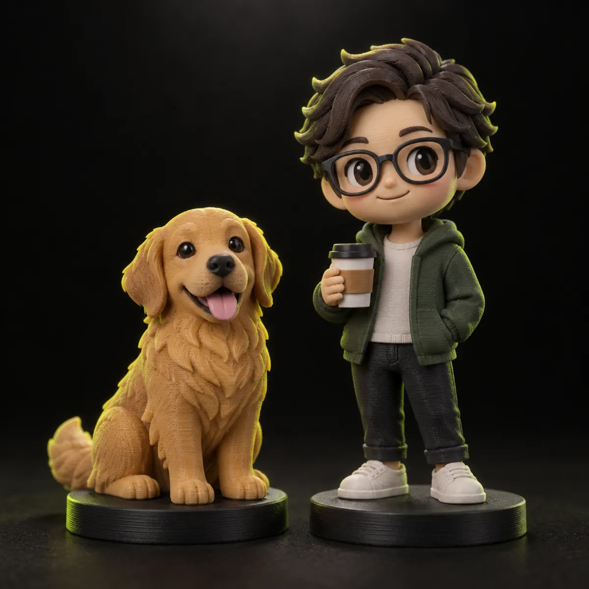Miniatura de golden retriever e boneco de uma pessoa de óculos impressos em 3D